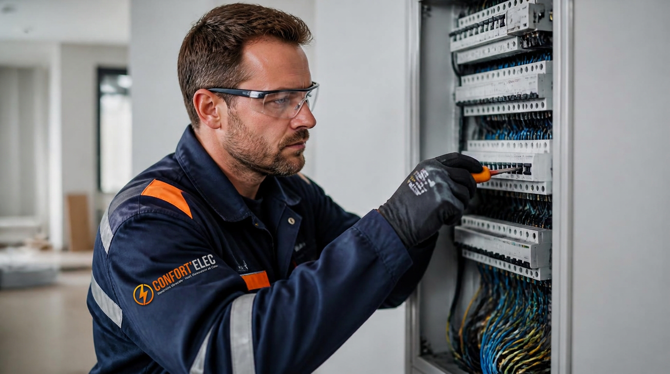 Électricien professionnel travaillant sur un tableau électrique moderne